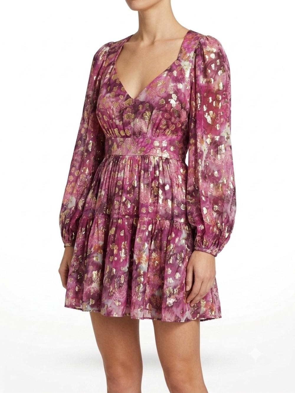 NWT LoveShackFancy Willis Pink Metallic Floral V-Neck Tiered Mini Dress 6